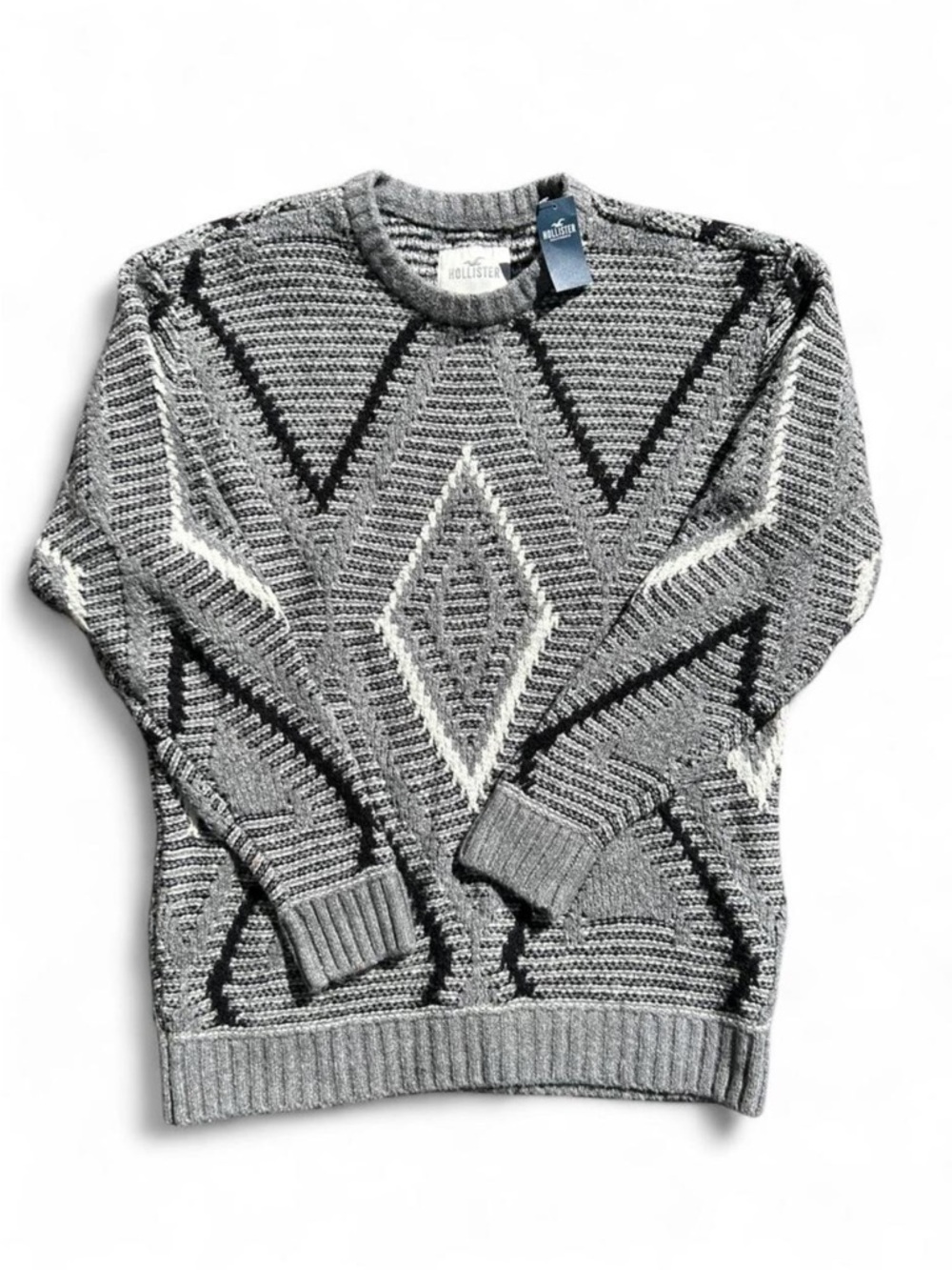 Hollister men’s Gray Geometric Knit Crewneck Sweater size medium NWT